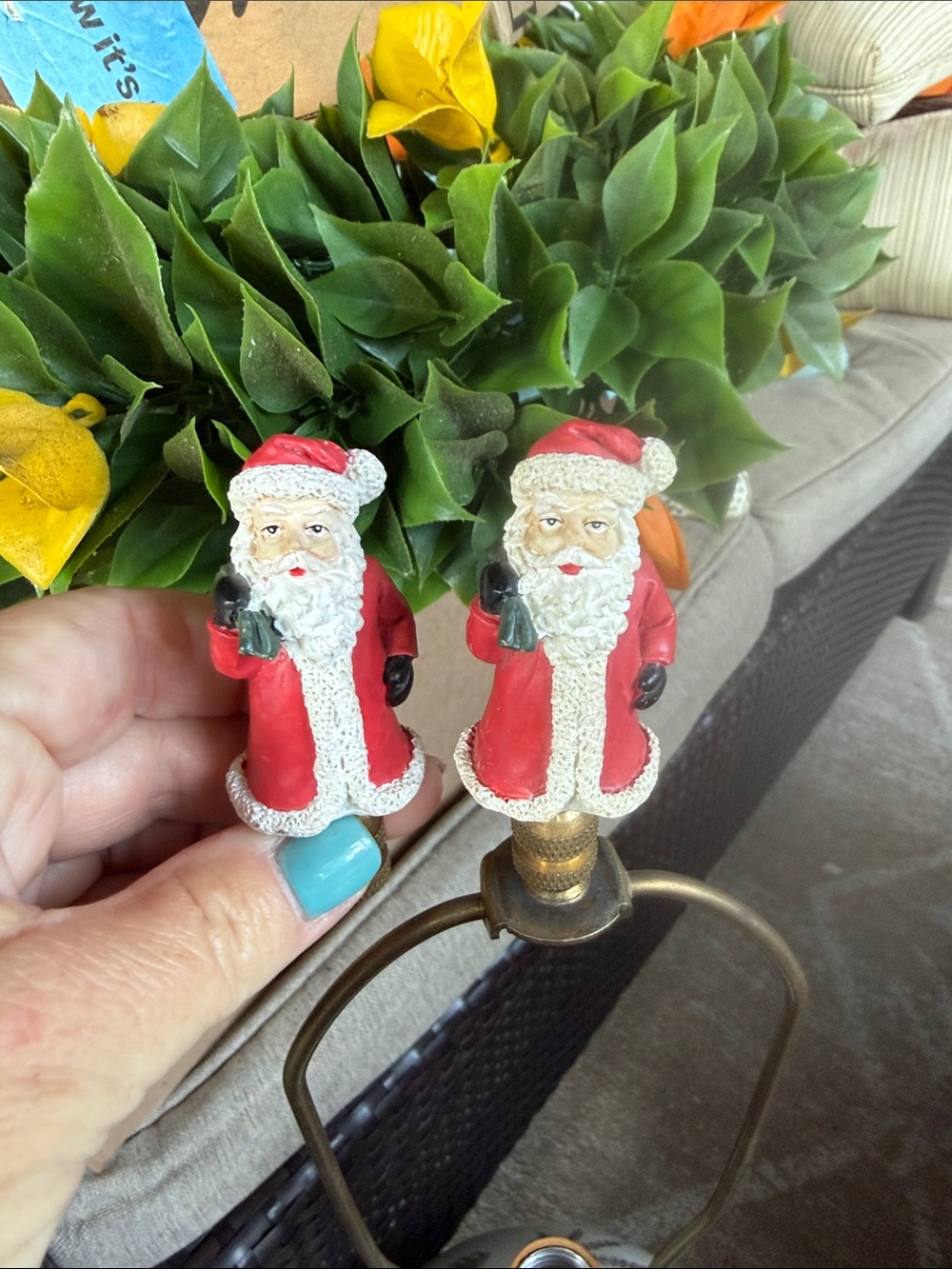 2 Vintage Santa Claus Lamp Finial Small Christmas Decoration Holding Bag Of Toys